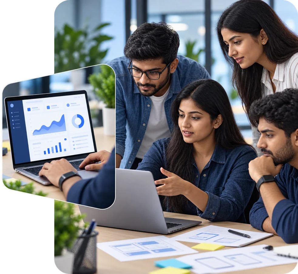 Web development team reviewing a website design