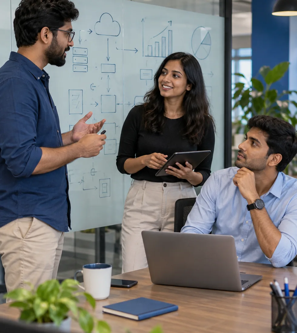 Technology specialists discussing a project at a whiteboard