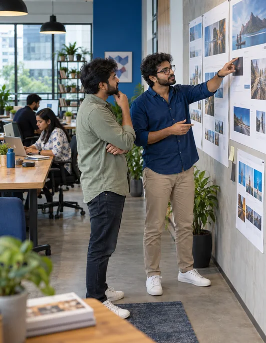 Developers discussing a website layout in an agency workspace